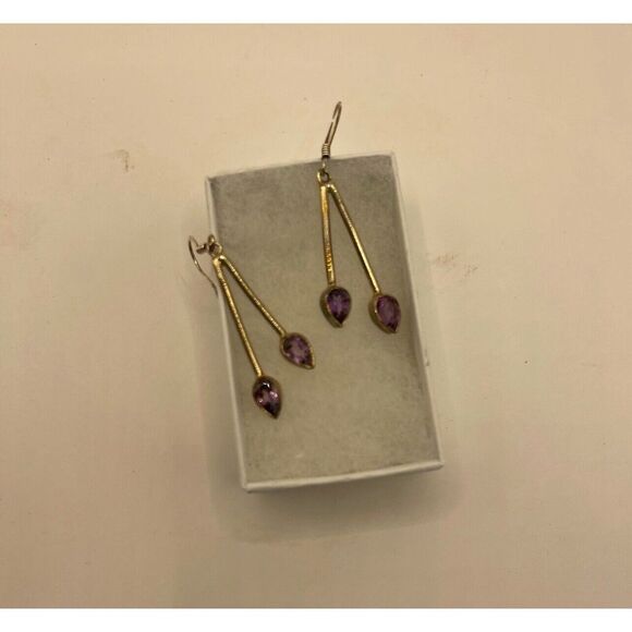 NWOT Amethyst‎ Silver Double Stone Drop Earrings - Picture 1 of 4